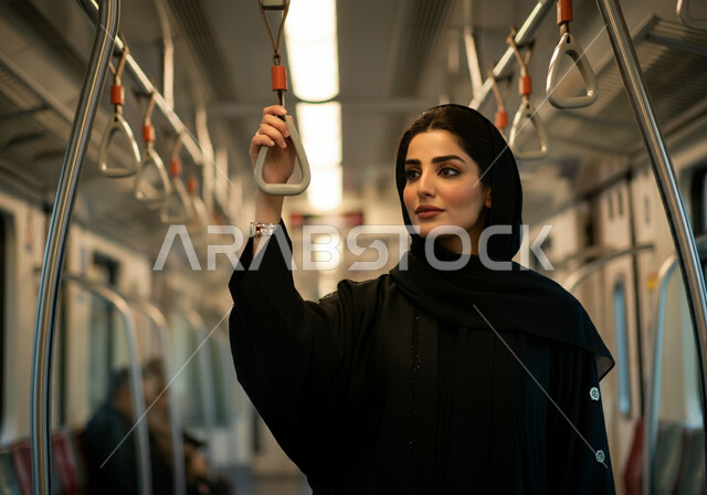 الوقوف داخل قطار الرياض , إمرأه عربيه سعوديه خليجيه مبتسمه  ترتدي الحجاب و العباءه السوداء تمسك بمقبض اليد للحفاظ على السلامه,  إيماءات السعاده والرضا بالخدمات الحديثه ,تقدم وسائل المواصلات  في المملكه , التنقل السريع والآمن عبر الميترو في السعوديه , تيسير الحركه المروريه للشعب السعودي