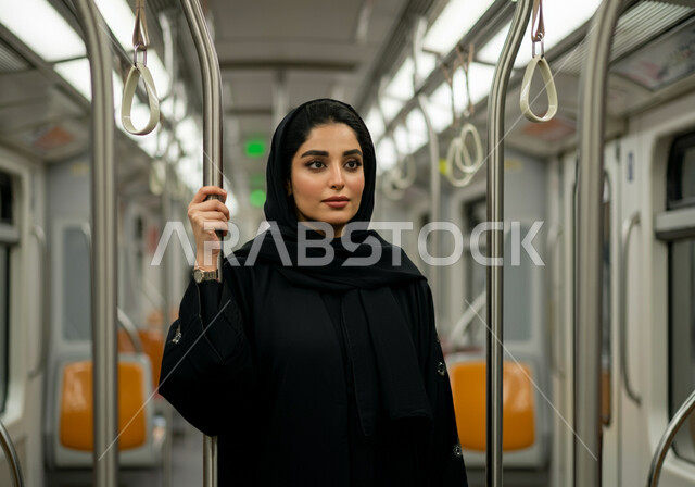 الوقوف داخل قطار الرياض, إمرأه عربيه سعوديه خليجيه مبتسمه  ترتدي الحجاب و العباءه السوداء تمسك بالعامود الحديدي للحفاظ على السلامه,  إيماءات الطمانينه والرضا بالخدمات الحديثه ,تقدم وسائل المواصلات  في المملكه , التنقل السريع والآمن عبر الميترو في السعوديه , تيسير الحركه المروريه للشعب السعودي