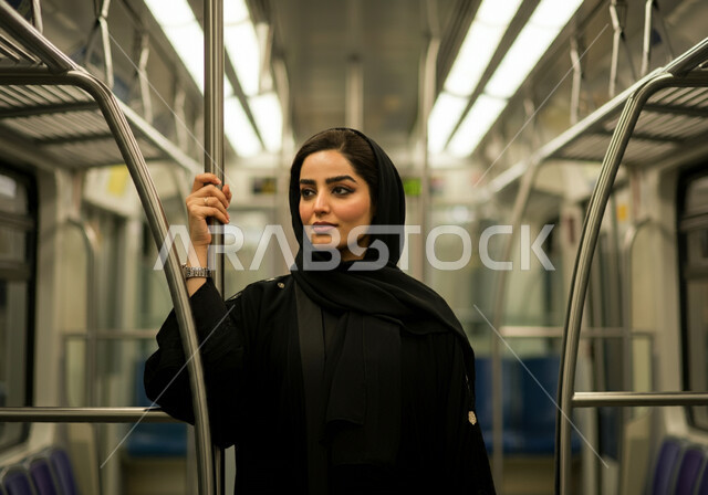 الوقوف داخل قطار الرياض , إمرأه عربيه سعوديه خليجيه مبتسمه  ترتدي الحجاب و العباءه السوداء تمسك بمقبض اليد للحفاظ على السلامه,  إيماءات السعاده والرضا بالخدمات الحديثه ,تقدم وسائل المواصلات  في المملكه , التنقل السريع والآمن عبر الميترو في السعوديه , تيسير الحركه المروريه للشعب السعودي