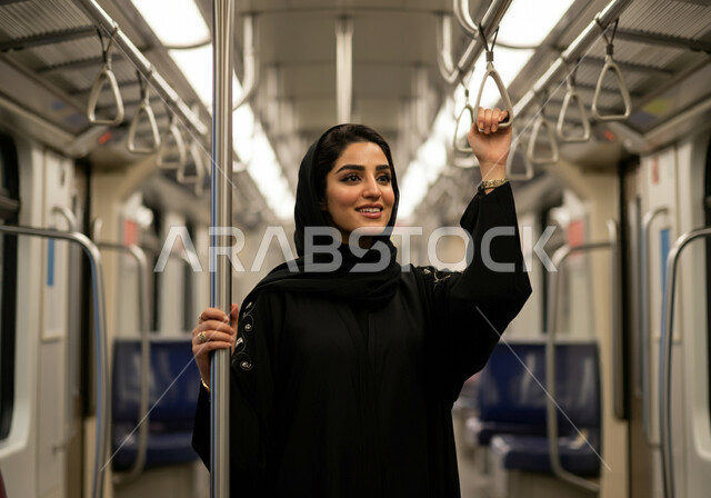 الحرص على سلامة وأمن الركاب, إمرأه عربيه سعوديه خليجيه مبتسمه  ترتدي الحجاب و العباءه السوداء تقف داخل قطار الرياض, الامساك بمقبض اليد,  إيماءات السعاده والرضا بالخدمات الحديثه ,تقدم وسائل المواصلات  في المملكه , التنقل السريع والآمن عبر الميترو في السعوديه , تيسير الحركه المروريه للشعب السعودي