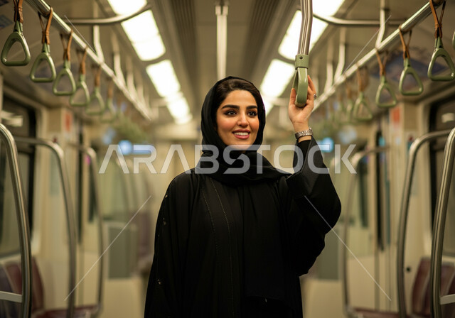 الحرص على سلامة وأمن الركاب, إمرأه عربيه سعوديه خليجيه مبتسمه  ترتدي الحجاب و العباءه السوداء تقف داخل قطار الرياض, الامساك بمقبض اليد,  إيماءات السعاده والرضا بالخدمات الحديثه ,تقدم وسائل المواصلات  في المملكه , التنقل السريع والآمن عبر الميترو في السعوديه , تيسير الحركه المروريه للشعب السعودي