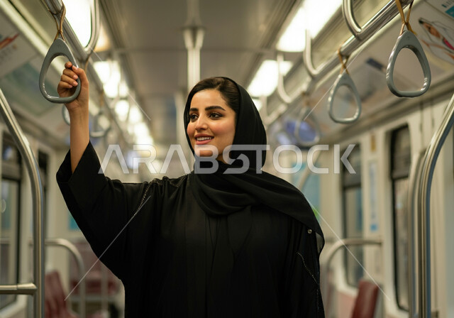 الحرص على سلامة وأمن الركاب, إمرأه عربيه سعوديه خليجيه مبتسمه  ترتدي الحجاب و العباءه السوداء تقف داخل قطار الرياض, الامساك بمقبض اليد,  إيماءات السعاده والرضا بالخدمات الحديثه ,تقدم وسائل المواصلات  في المملكه , التنقل السريع والآمن عبر الميترو في السعوديه , تيسير الحركه المروريه للشعب السعودي