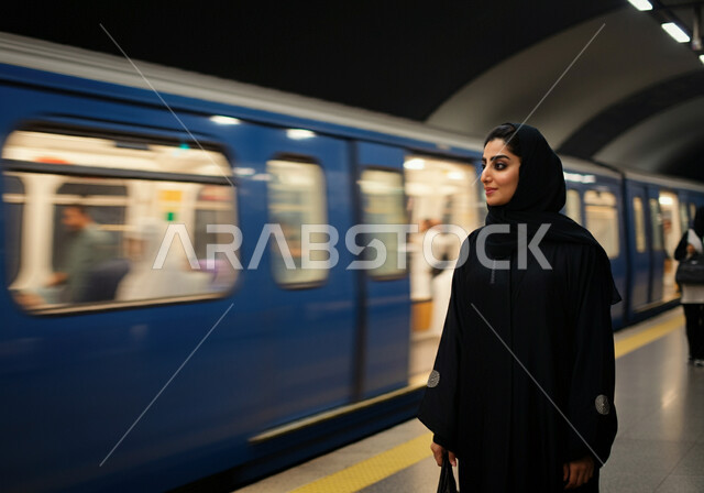 الاستعداد لركوب القطار ,إمرأه عربيه سعوديه خليجيه مبتسمه  ترتدي الحجاب و العباءه السوداء تقف في محطة مترو الرياض,  إيماءات الفخر والرضا بالخدمات الحديثه ,تقدم وسائل المواصلات  في المملكه , التنقل السريع والآمن عبر الميترو في السعوديه , تيسير الحركه المروريه للشعب السعودي