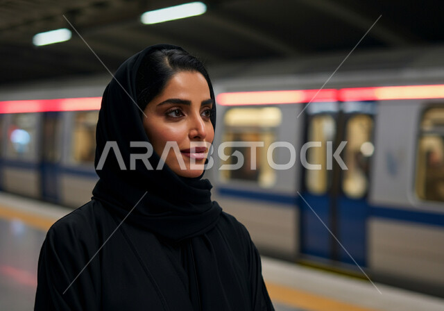 الاستعداد لركوب القطار ,إمرأه عربيه سعوديه خليجيه مبتسمه  ترتدي الحجاب و العباءه السوداء تقف في محطة مترو الرياض,  إيماءات الفخر والرضا بالخدمات الحديثه ,تقدم وسائل المواصلات  في المملكه , التنقل السريع والآمن عبر الميترو في السعوديه , تيسير الحركه المروريه للشعب السعودي