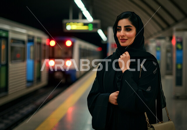 الاستعداد لركوب القطار ,إمرأه عربيه سعوديه خليجيه مبتسمه  ترتدي الحجاب و العباءه السوداء تقف في محطة مترو الرياض,  إيماءات الفخر والرضا بالخدمات الحديثه ,تقدم وسائل المواصلات  في المملكه , التنقل السريع والآمن عبر الميترو في السعوديه , تيسير الحركه المروريه للشعب السعودي