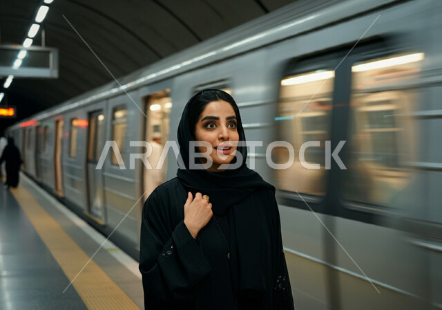 ايماءات الدهشه والإعجاب بمترو الرياض, إمرأه عربيه سعوديه خليجيه مبتسمه  ترتدي الحجاب و العباءه السوداء تقف في محطة القطار, تقدم وتطور وسائل المواصلات  في المملكه , التنقل السريع والآمن عبر الميترو في السعوديه , تسهيل الحركه المروريه للشعب السعودي