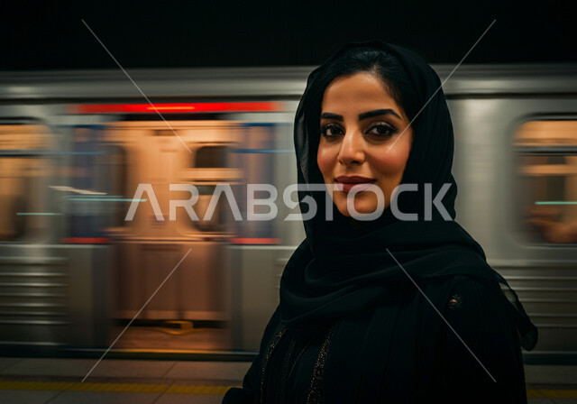 النظر الى الكاميرا بفخر وسرور, إمرأه عربيه سعوديه خليجيه مبتسمه  ترتدي الحجاب و العباءه السوداء تقف في محطة قطار الرياض,  إيماءات السعاده والرضا بالخدمات الحديثه ,تقدم وسائل المواصلات  في المملكه , التنقل السريع والآمن عبر الميترو في السعوديه , تيسير الحركه المروريه للشعب السعودي