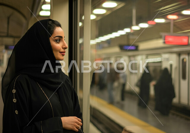 النظر من خلال نافذة قطار الرياض, إمرأه عربيه سعوديه خليجيه مبتسمه  ترتدي الحجاب و العباءه السوداء تقف داخل المترو,  إيماءات الطمانينه والرضا بالخدمات الحديثه ,تقدم وسائل المواصلات  في المملكه , التنقل السريع والآمن عبر الميترو في السعوديه , تيسير الحركه المروريه للشعب السعودي