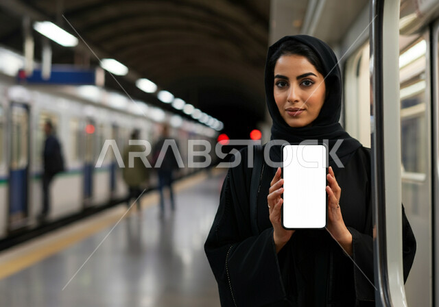 موك أب أبيض, عرض شاشه بيضاء فارغه عبر الهاتف المحمول, إمرأه عربيه سعوديه خليجيه مبتسمه  ترتدي الحجاب و العباءه السوداء تقف داخل محطة قطار الرياض, عرض تطبيقات و خدمات المترو عبر الجوال, تقدم وسائل المواصلات في المملكه , التنقل السريع والآمن عبر الميترو في السعوديه , تيسير الحركه المروريه للشعب السعودي