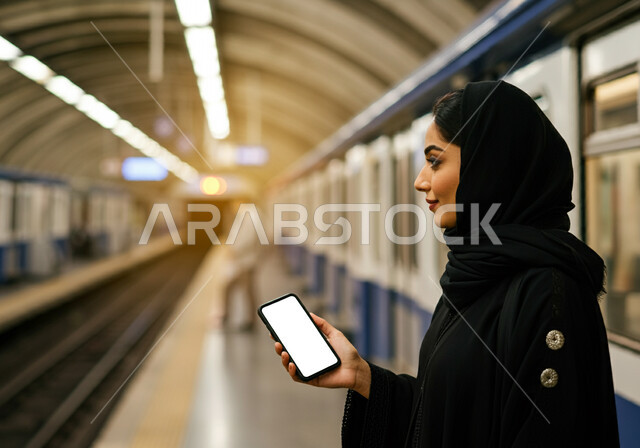 موك أب أبيض, عرض شاشه بيضاء فارغه عبر الهاتف المحمول, إمرأه عربيه سعوديه خليجيه مبتسمه  ترتدي الحجاب و العباءه السوداء تقف داخل محطة قطار الرياض, عرض تطبيقات و خدمات المترو عبر الجوال, تقدم وسائل المواصلات في المملكه , التنقل السريع والآمن عبر الميترو في السعوديه , تيسير الحركه المروريه للشعب السعودي