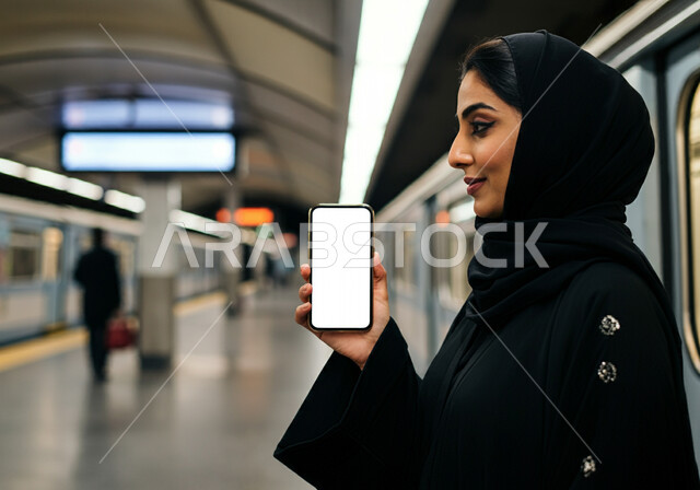عرض شاشه بيضاء فارغه عبر الهاتف المحمول, إمرأه عربيه سعوديه خليجيه مبتسمه  ترتدي الحجاب و العباءه السوداء تقف داخل محطة قطار الرياض, عرض تطبيقات و خدمات المترو عبر الجوال, تقدم وسائل المواصلات في المملكه , التنقل السريع والآمن عبر الميترو في السعوديه , تيسير الحركه المروريه للشعب السعودي