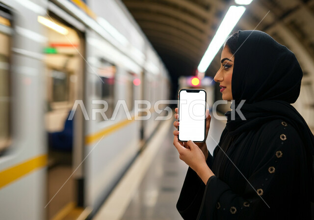 Showing a blank white screen on a mobile phone, a smiling Saudi Arabian Gulf woman wearing a hijab and a black abaya standing inside Riyadh train station, showing metro applications and services via mobile, providing means of transportation in the Kingdom, fast and safe transportation via the metro in Saudi Arabia, facilitating traffic movement for the Saudi people