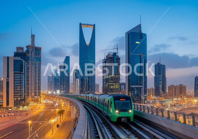 مفهوم التنقل السريع والآمن, الفن الهندسي المعماري لبرج المملكة, الأبراج وناطحات السحاب على الطراز الحديث, وسائل النقل والمواصلات البرية في المملكة, مترو الرياض يسير على السكة الحديدية, تسهيل الحركة المرورية في السعودية