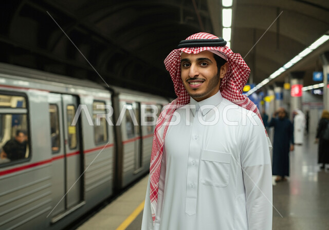 أنفاق مترو الرياض الحديث, النظر الى الكاميرا بإيماءات السعادة والرضا بالخدمات الحديثة, وسائل المواصلات والنقل البرية المتطورة في المملكة, التنقل السريع والآمن في السعودية, شاب عربي خليجي سعودي مبتسم يرتدي الثوب التقليدي والشماغ يقف في محطة القطار