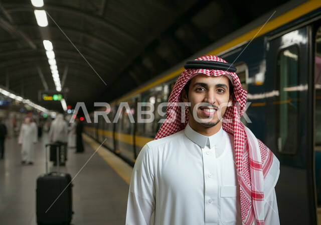 النظر الى الكاميرا بإيماءات السعادة والرضا بالخدمات الحديثة, وسائل المواصلات والنقل البرية المتطورة في المملكة, التنقل السريع والآمن في السعودية, أنفاق مترو الرياض الحديث, صورة مقربة لشاب عربي خليجي سعودي مبتسم يرتدي الثوب التقليدي والشماغ يقف في محطة القطار
