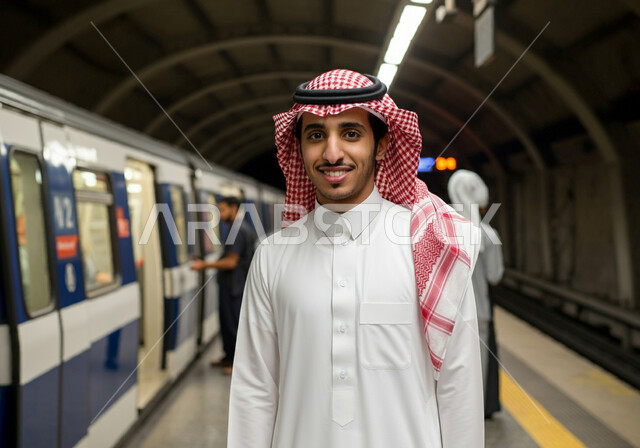 وسائل المواصلات والنقل البرية المتطورة في المملكة, التنقل السريع والآمن في السعودية, أنفاق مترو الرياض الحديث, صورة مقربة لشاب عربي خليجي سعودي مبتسم يرتدي الثوب التقليدي والشماغ يقف في محطة القطار, النظر الى الكاميرا بإيماءات السعادة والرضا بالخدمات الحديثة