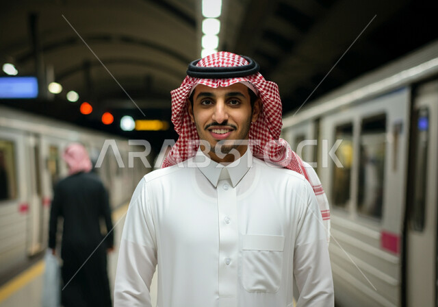 التنقل السريع والآمن في السعودية, أنفاق مترو الرياض الحديث, صورة مقربة لشاب عربي خليجي سعودي مبتسم يرتدي الثوب التقليدي والشماغ يقف في محطة القطار, النظر الى الكاميرا بإيماءات السعادة والرضا بالخدمات الحديثة, وسائل المواصلات والنقل البرية المتطورة في المملكة