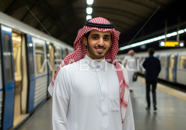 أنفاق مترو الرياض الحديث, صورة مقربة لشاب عربي خليجي سعودي مبتسم يرتدي الثوب التقليدي والشماغ يقف في محطة القطار, النظر الى الكاميرا بإيماءات السعادة والرضا بالخدمات الحديثة, وسائل المواصلات والنقل البرية المتطورة في المملكة, التنقل السريع والآمن في السعودية