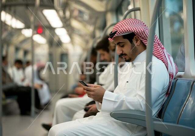 Providing fast and safe transportation services, development of transportation and communication methods in the Kingdom, a Saudi Gulf Arab man wearing traditional thobe and shemagh sitting inside the Riyadh Metro and using a mobile phone, using modern technical devices