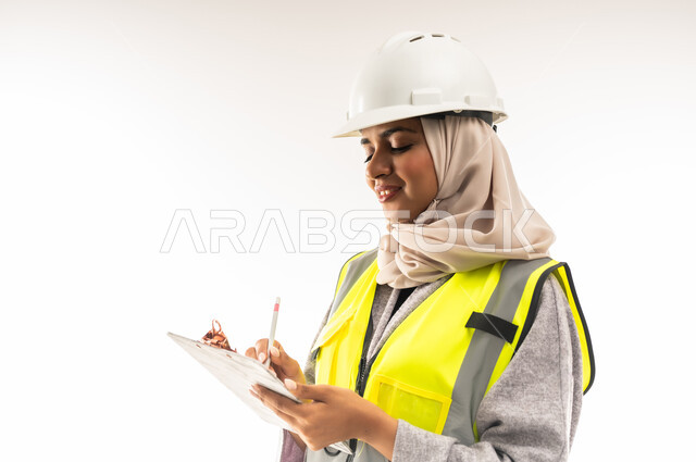 مهن ووظائف نسائية هندسية، ترتيب وتنظيم البيانات، الإشراف على المشاريع، بورتريه مقرب من الجانب لمهندسة عربية خليجية عمانية ترتدي سترة وخوذة الحماية تعمل في القطاع الهندسي، شابة سعودية تحمل بيدها ملف خاص بالعمل تقوم بتدوين الملاحظات، خلفية بيضاء