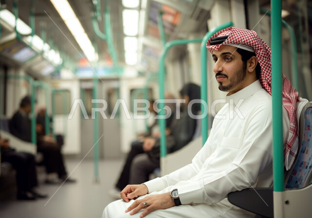 الجلوس والانتظار داخل القطار, تعابير التأمل وشرود الذهن, استخدام وسائل المواصلات الحديثة, توفير خدمات النقل السريعة والآمنة, صورة من الجانب لرجل عربي خليجي سعودي يرتدي الثوب التقليدي والشماغ يجلس داخل مترو الرياض، التوصيل إلى الوجهة المطلوبة