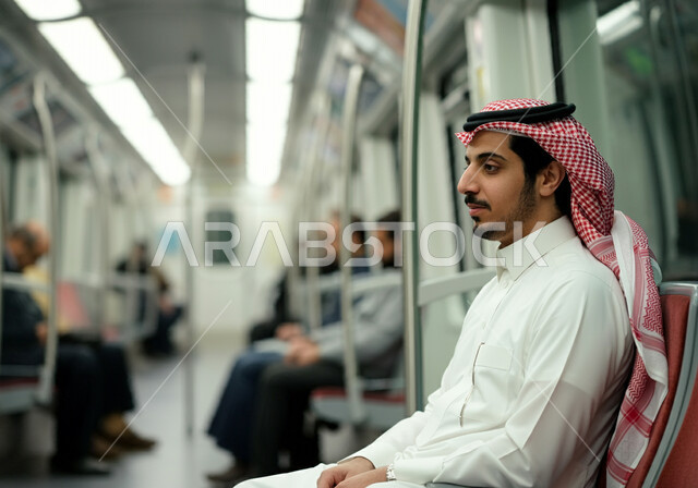 تعابير التأمل وشرود الذهن, التوصيل إلى الوجهة المطلوبة, توفير خدمات النقل السريعة والآمنة, استخدام وسائل المواصلات الحديثة, صورة مقربة من الجانب لرجل عربي خليجي سعودي يرتدي الثوب التقليدي والشماغ يجلس داخل مترو الرياض, الجلوس والانتظار داخل القطار