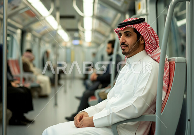 التوصيل إلى الوجهة المطلوبة, توفير خدمات النقل السريعة والآمنة, استخدام وسائل المواصلات الحديثة, صورة من الجانب لرجل عربي خليجي سعودي يرتدي الثوب التقليدي والشماغ يجلس داخل مترو الرياض, الجلوس والانتظار داخل القطار, تعابير التأمل وشرود الذهن