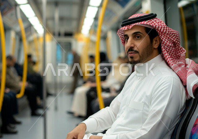 توفير خدمات النقل السريعة والآمنة, استخدام وسائل المواصلات الحديثة, صورة مقربة من الجانب لرجل عربي خليجي سعودي يرتدي الثوب التقليدي والشماغ يجلس داخل مترو الرياض، التوصيل إلى الوجهة المطلوبة, الجلوس والانتظار داخل القطار, تعابير التأمل وشرود الذهن