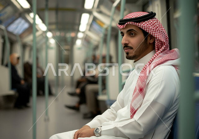 استخدام وسائل المواصلات الحديثة, توفير خدمات النقل السريعة والآمنة, صورة من الجانب لرجل عربي خليجي سعودي يرتدي الثوب التقليدي والشماغ يجلس داخل مترو الرياض، التوصيل إلى الوجهة المطلوبة, الجلوس والانتظار داخل القطار, تعابير التأمل وشرود الذهن
