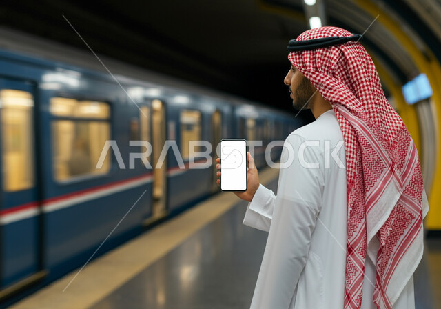 Using advanced technical devices, facilitating traffic movement in Saudi Arabia, modern means of transportation, close-up image from the back of a Saudi Arabian Gulf man wearing a traditional thobe and shemagh standing in a Riyadh metro station holding a mobile phone in his hand, displaying a blank white screen via mobile