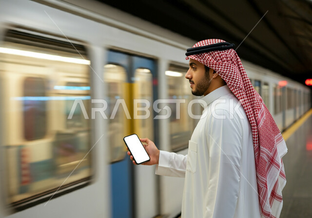 وسائل النقل والمواصلات الحديثة, تسهيل الحركة المرورية في السعودية, استخدام الأجهزة التقنية المتطورة, صورة مقربة من الجانب لرجل عربي خليجي سعودي يرتدي الثوب التقليدي والشماغ يقف في محطة مترو الرياض ويمسك الهاتف المحمول بيده, عرض شاشة بيضاء فارغة عبر الجوال