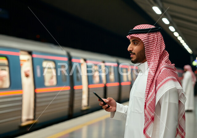 تسهيل الحركة المرورية في السعودية, وسائل النقل والمواصلات البرية الحديثة في المملكة, استخدام الأجهزة التقنية المتطورة, صورة مقربة من الجانب لرجل عربي خليجي سعودي يرتدي الثوب التقليدي والشماغ يقف في محطة مترو الرياض ويمسك الهاتف المحمول بيده