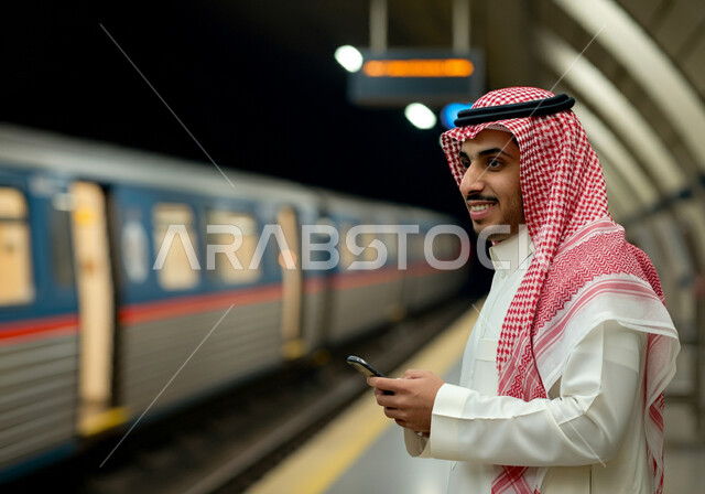 النظر بإيماءات السعادة والسرور, وسائل النقل الحديثة في المملكة, تسهيل الحركة المرورية في السعودية, استخدام الأجهزة التقنية المتطورة, صورة مقربة من الجانب لرجل عربي خليجي سعودي يرتدي الثوب التقليدي والشماغ يقف في محطة مترو الرياض ويمسك الهاتف المحمول