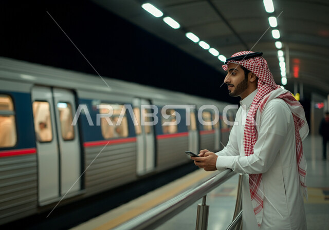استخدام الأجهزة التقنية المتطورة, تسهيل الحركة المرورية في السعودية, وسائل النقل والمواصلات البرية الحديثة في المملكة, صورة من الجانب لرجل عربي خليجي سعودي يرتدي الثوب التقليدي والشماغ يقف في محطة مترو الرياض ويمسك الهاتف المحمول بيده