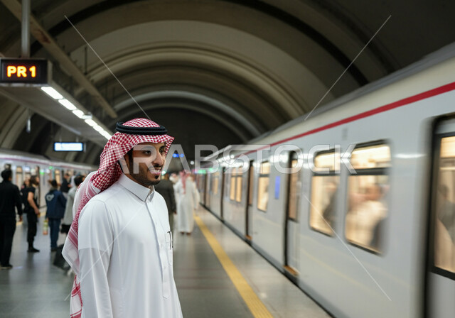النظر بإيماءات السعادة والرضا بخدمات النقل الحديثة, الاستعداد لركوب القطار, تطور وتقدم وسائل المواصلات في المملكة, صورة مقربة لرجل عربي خليجي سعودي يرتدي الثوب التقليدي والشماغ يقف في محطة مترو الرياض, مفهوم التنقل السريع والآمن في السعودية