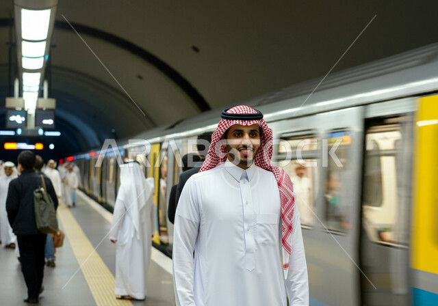 Looking with gestures of happiness and satisfaction with modern transportation services, preparing to ride the train, the development and progress of transportation in the Kingdom, a Saudi Gulf Arab man wearing the traditional thobe and shemagh standing at the Riyadh Metro station, the concept of fast and safe transportation in Saudi Arabia