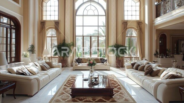 التصاميم المميزة لغرف الجلوس على الطراز الحديث, الواجهات الزجاجية الكبيرة، الديكورات الداخلية الراقية الحديثة, غرفة معيشة مع أثاث منزلي فاخر, الفلل والشقق السكنية في المملكة العربية السعودية, التصميم العصري الراقي الأنيق