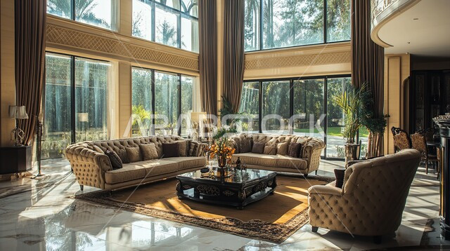 التصاميم المميزة لغرف الجلوس على الطراز الحديث, الواجهات الزجاجية الكبيرة، الديكورات الداخلية الراقية الحديثة, غرفة معيشة مع أثاث منزلي فاخر, الفلل والشقق السكنية في المملكة العربية السعودية, التصميم العصري الراقي الأنيق