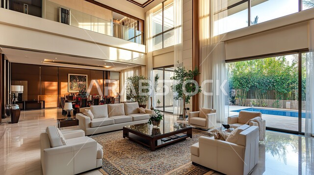 Large glass facades, distinctive designs for modern living rooms, modern upscale interior decorations, living room with luxury home furniture, villas and residential apartments in Saudi Arabia, elegant modern upscale design