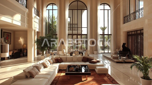 الواجهات الزجاجية الكبيرة، التصاميم المميزة لغرف الجلوس على الطراز الحديث, الديكورات الداخلية الراقية الحديثة, غرفة معيشة مع أثاث منزلي فاخر, الفلل والشقق السكنية في المملكة العربية السعودية, التصميم العصري الراقي الأنيق