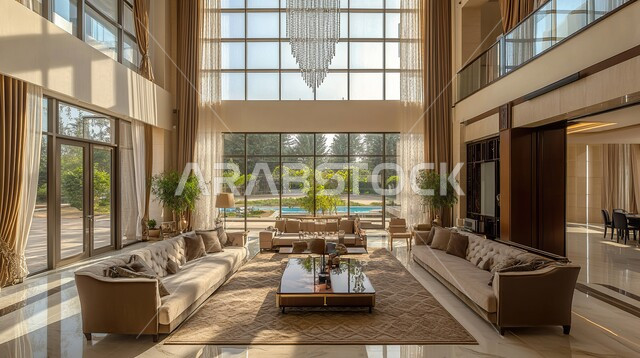 الواجهات الزجاجية الكبيرة، التصاميم المميزة لغرف الجلوس على الطراز الحديث, الديكورات الداخلية الراقية الحديثة, غرفة معيشة مع أثاث منزلي فاخر, الفلل والشقق السكنية في المملكة العربية السعودية, التصميم العصري الراقي الأنيق