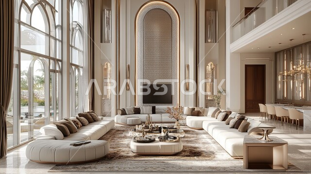 الواجهات الزجاجية الكبيرة، التصاميم المميزة لغرف الجلوس على الطراز الحديث, الديكورات الداخلية الراقية الحديثة, غرفة معيشة مع أثاث منزلي فاخر, الفلل والشقق السكنية في المملكة العربية السعودية, التصميم العصري الراقي الأنيق