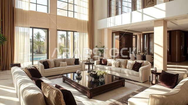 الواجهات الزجاجية الكبيرة، التصاميم المميزة لغرف الجلوس على الطراز الحديث, الديكورات الداخلية الراقية الحديثة, غرفة معيشة مع أثاث منزلي فاخر, الفلل والشقق السكنية في المملكة العربية السعودية, التصميم العصري الراقي الأنيق