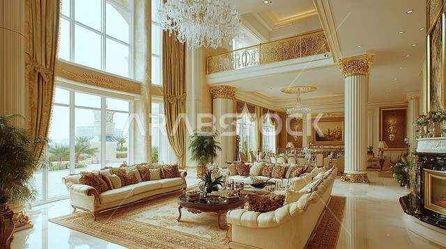 Modern luxury interior design, large glass facades, distinctive designs for modern living rooms, living room with luxury home furniture, villas and residential apartments in Saudi Arabia, elegant modern luxury design