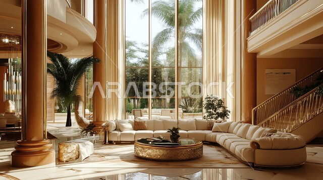 الديكورات الداخلية الراقية الحديثة, الواجهات الزجاجية الكبيرة، التصاميم المميزة لغرف الجلوس على الطراز الحديث, غرفة معيشة مع أثاث منزلي فاخر, الفلل والشقق السكنية في المملكة العربية السعودية, التصميم العصري الراقي الأنيق