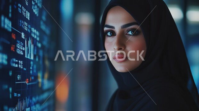 دراسة وتحليل الإحصائيات والرسوم البيانية, صورة مقربة لامرأة عربية خليجية سعودية محجبة تنظر إلى الكاميرا بإيماءات الثقة بالنفس والسرور، تحقيق أهداف الشركة, مراقبة البورصة وسوق الأسهم, مهن وأعمال مالية في السعودية