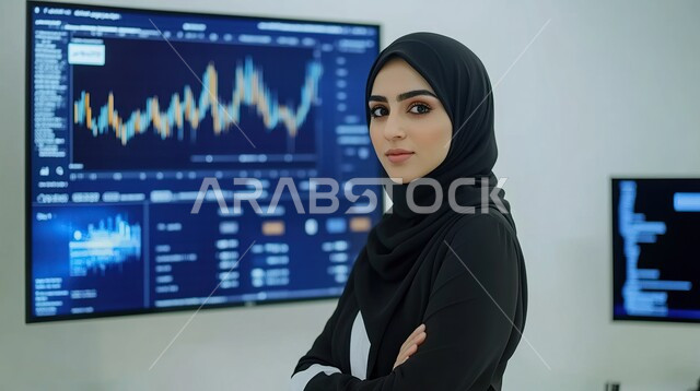 دراسة وتحليل الإحصائيات والرسوم البيانية, صورة مقربة لامرأة عربية خليجية سعودية محجبة تنظر إلى الكاميرا بإيماءات الثقة بالنفس والسرور، تحقيق أهداف الشركة, مراقبة البورصة وسوق الأسهم, مهن وأعمال مالية في السعودية