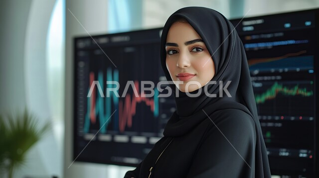 دراسة وتحليل الإحصائيات والرسوم البيانية, صورة مقربة لامرأة عربية خليجية سعودية محجبة تنظر إلى الكاميرا بإيماءات الثقة بالنفس والسرور، تحقيق أهداف الشركة, مراقبة البورصة وسوق الأسهم, مهن وأعمال مالية في السعودية
