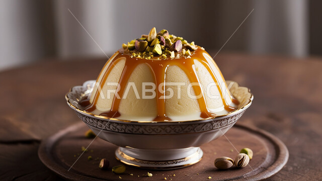 Artistic methods of serving food in restaurants and kitchens in the Kingdom of Saudi Arabia, delicious traditional sweets, delicious cold dessert, a bowl of caramel cream decorated with nuts, foods rich in sugars and calories