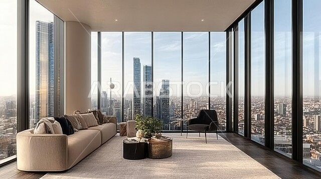 Modern elegant high-end design, distinctive designs for modern living rooms, large glass facades, modern high-end interior decorations, living room with luxury home furniture, villas and residential apartments in Saudi Arabia